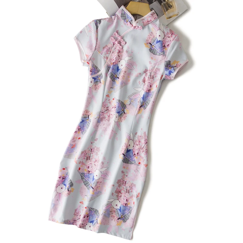 summer cheongsam young girl cute anime rabbit Cherry blossom pink Chinese style dress DA018