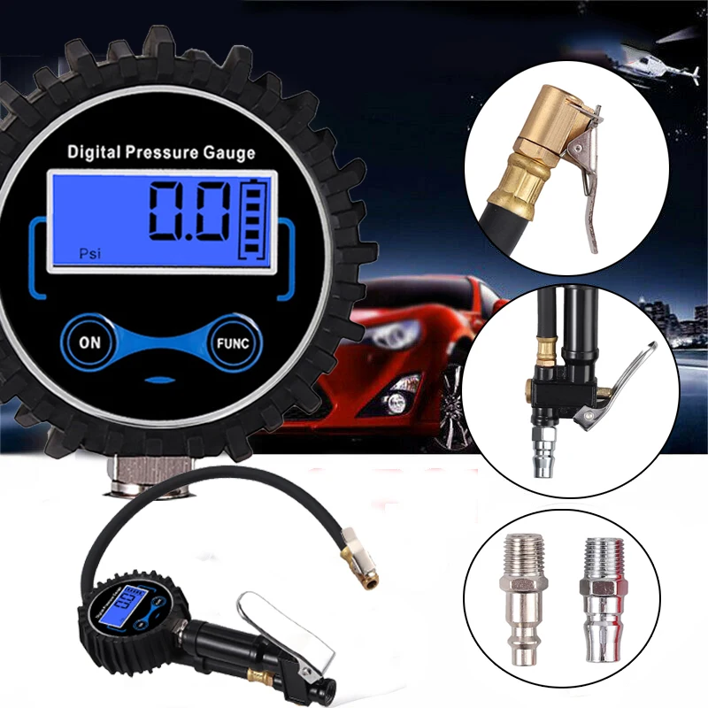 Neoteck Digital Tire Inflator 0-200PSI With Pressure Gauge With 4 Valve Caps US EU Steel Tire Inflator Gauge With Rubber Hose