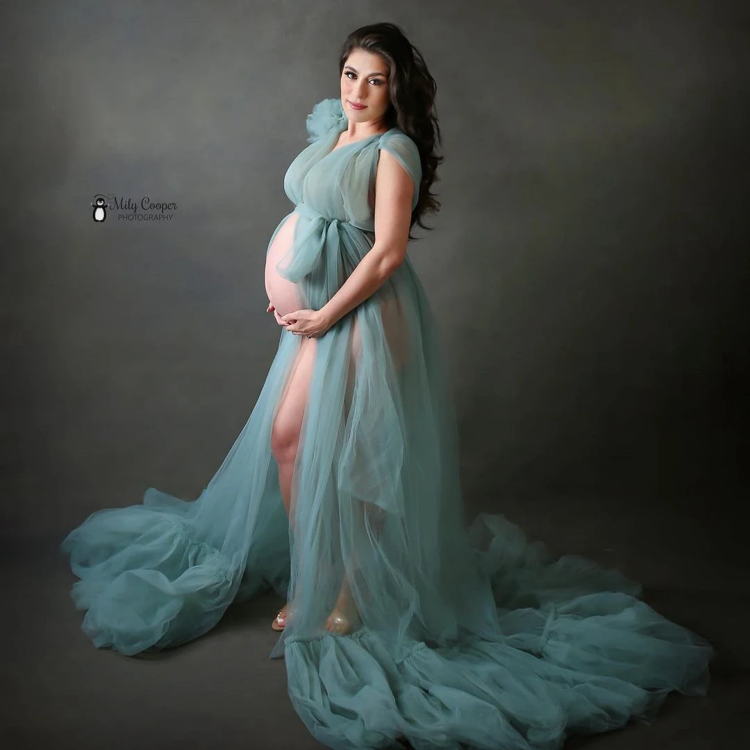 

Sexy See Thru Blue Long Tulle Robe A-line Maternity Dress Photography V-neck Draped Ruffles Mesh Tulle Pregnant Women Dresses