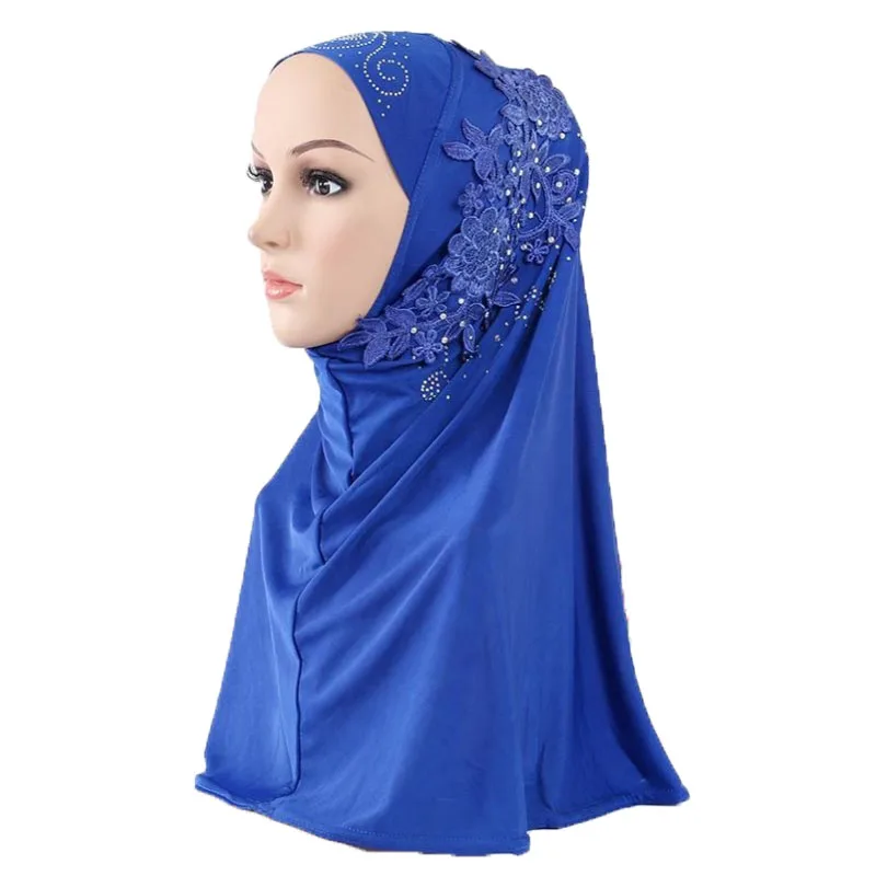 Malaysia Women Girls Flower Hijab Instant Scarf Muslim Diamonds Headscarf Turban One Piece Amira Wrap Rull On Ready Made Shawls