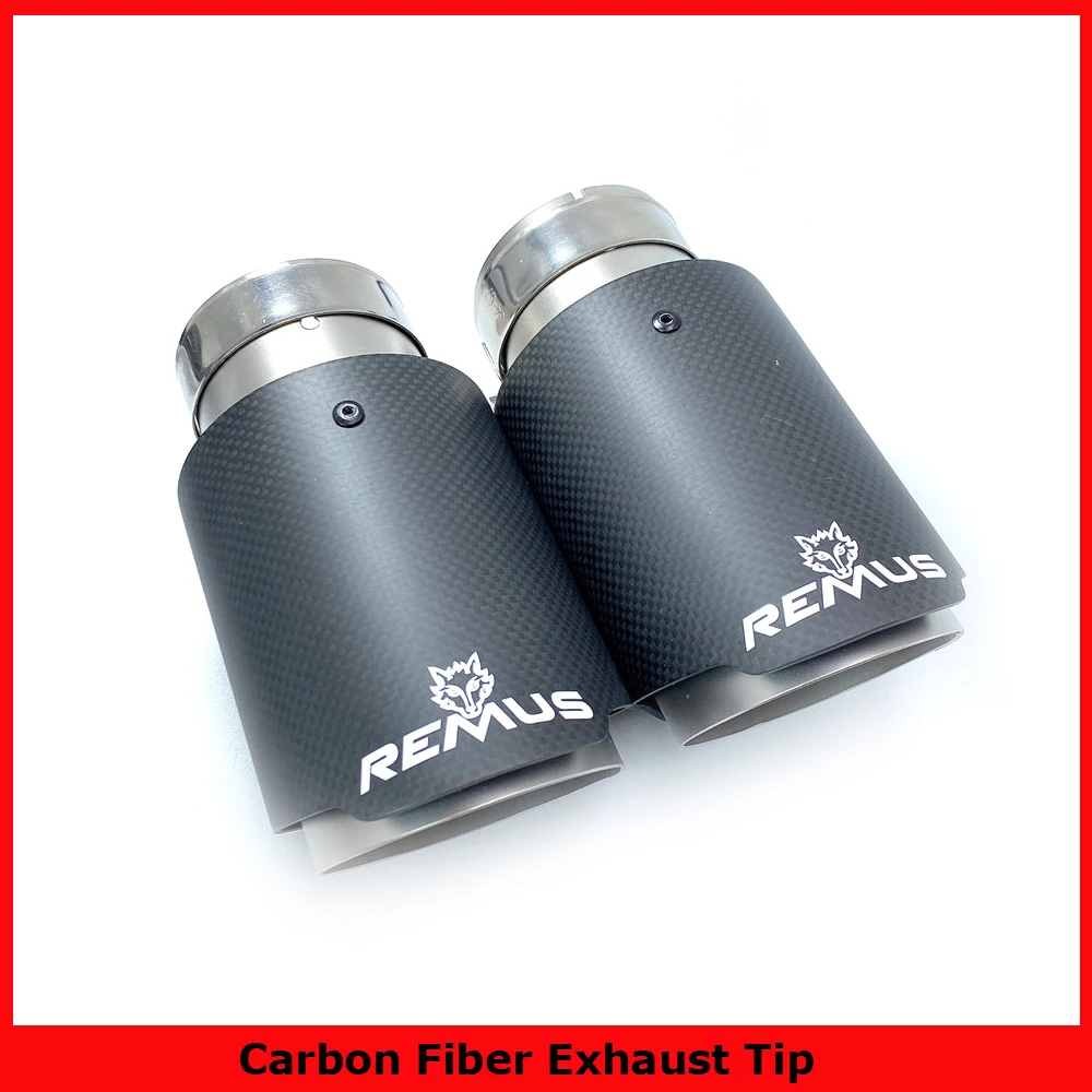 1PCS Car Exhaust Tail Pipe Matt Carbon Fiber Sandblasting Stainless Steel Straight Flange Muffler Tip With Remus Logo