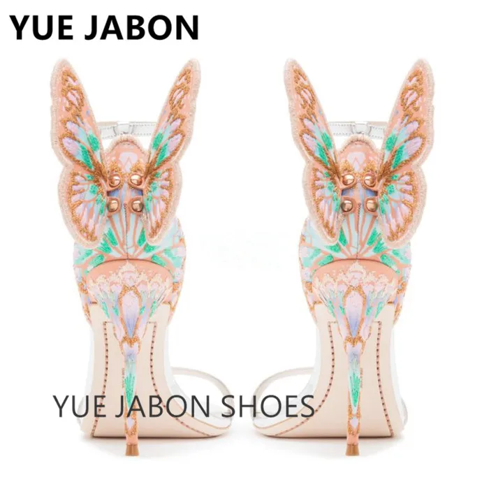 Metallic embroidered Ladies Shoes Butterfly Wings Stiletto Sandals Women Party Wedding High Heels Pointed Toe Ankle Strap Pumps