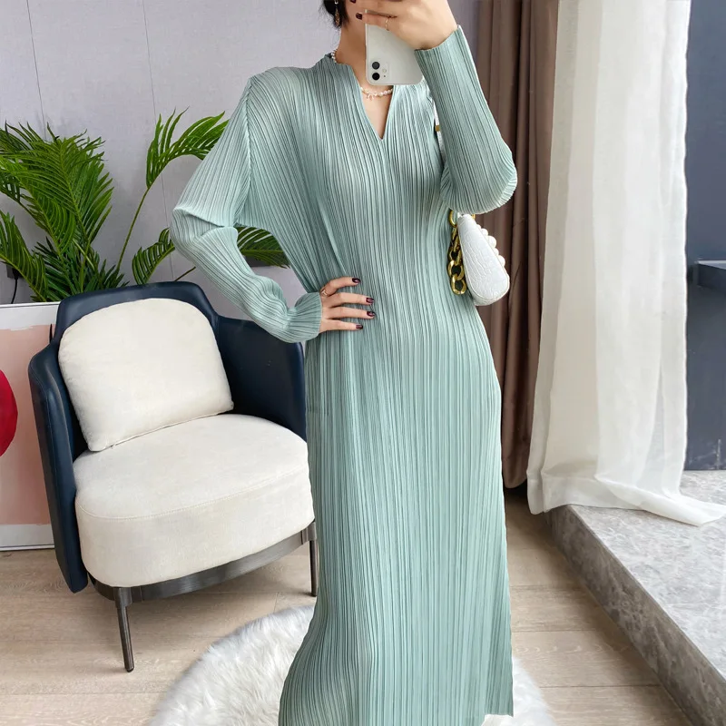 

Autumn New 2021 Miyake Pleats dresses for women Fashion Solid V-neck Loose Large Size Long Sleeve Female Dress