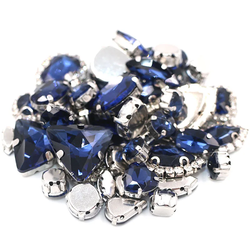 50pcs/Bag Ink-blue Mixed Shape Sew on Glass Rhinestone Silver Claw and Crystal Buckle Diy Wedding Decoration Clothes/Shoe/Dress