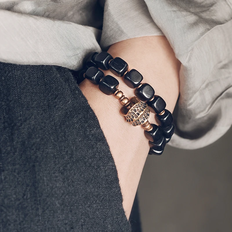 Two Row Ebony Copper Bracelet Do Old Hammered Charm Rock Metal Classical Jewelry Men Women Individual Wrist Accessory