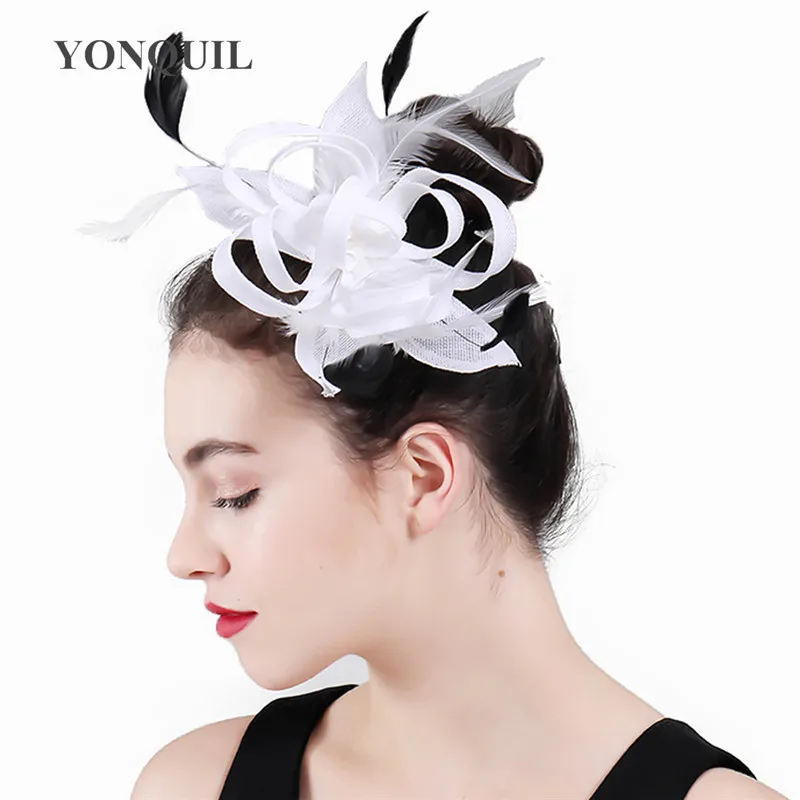 

White Wedding Party Headdress Vintage Women Fascinator Feather Cocktail Hat Hairband Ladies Headband Royal Hair Accessory SYF431