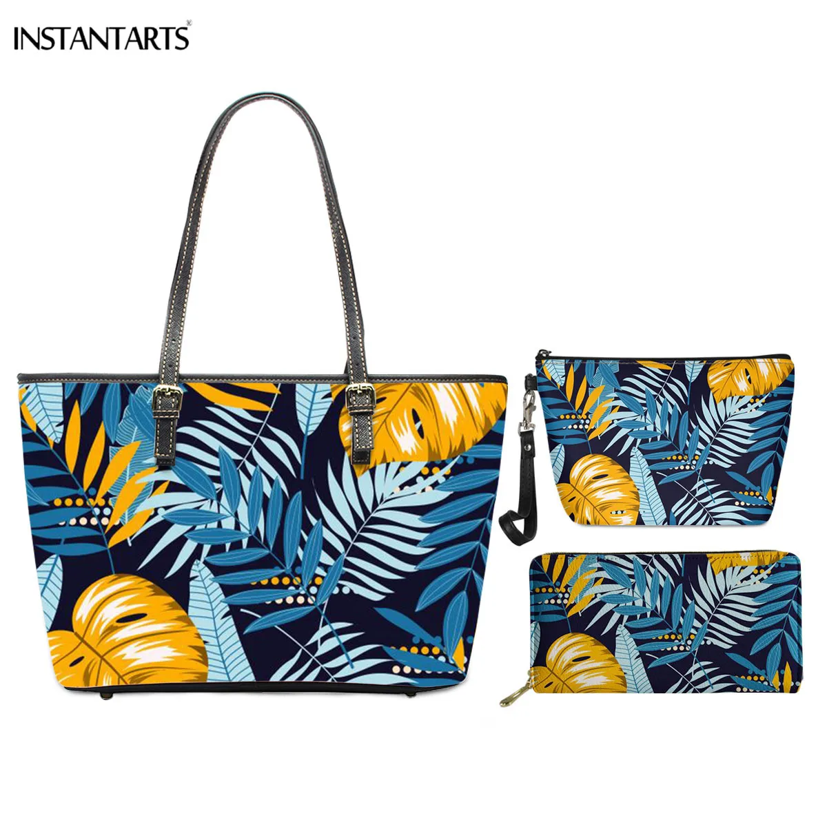 Hawaii Leaves Print Shoulder Bag for Women PU Leather Large Top-Handle Bags Girls Makeup Case Wallet 3pcs Pack