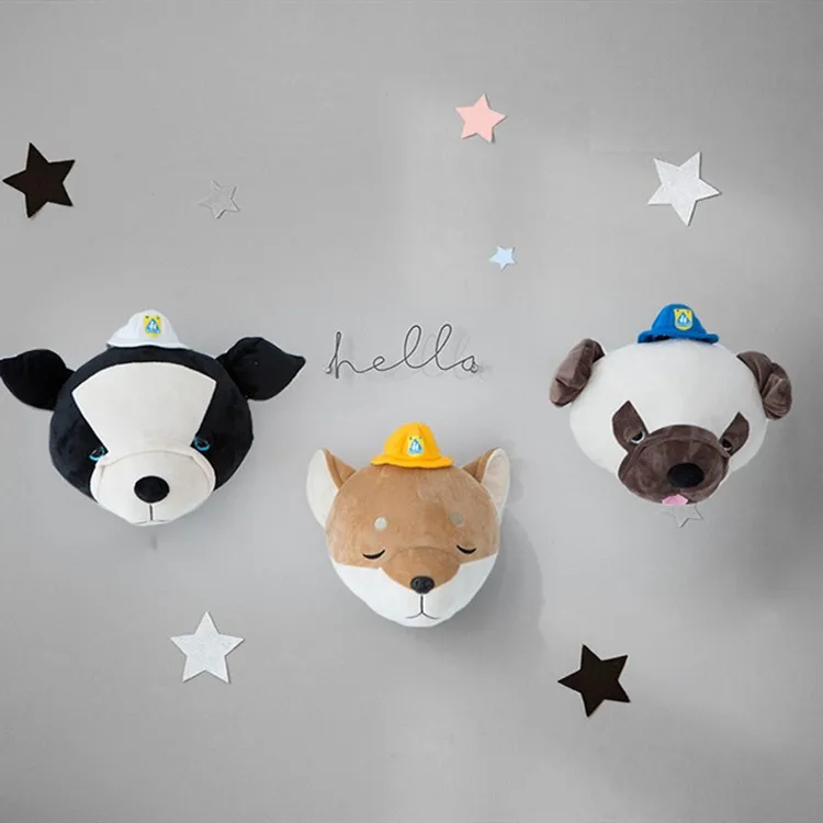 2020 New Cartoon Dog Animals Plush Toys 3D Animal Heads Decoration Elephant Deer Unicorn Wall Hanging Baby Girls Room Decor