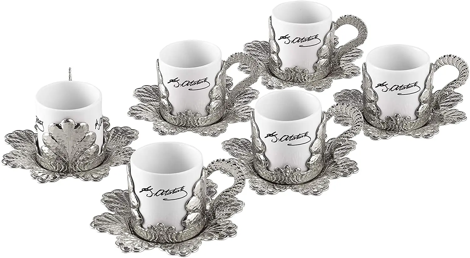 LaModaHome Ataturk Signed Coffee Cups with Saucers Set of 6, Porcelain Turkish Arabic Greek Coffee Cup and Saucer, coffee Cup fo