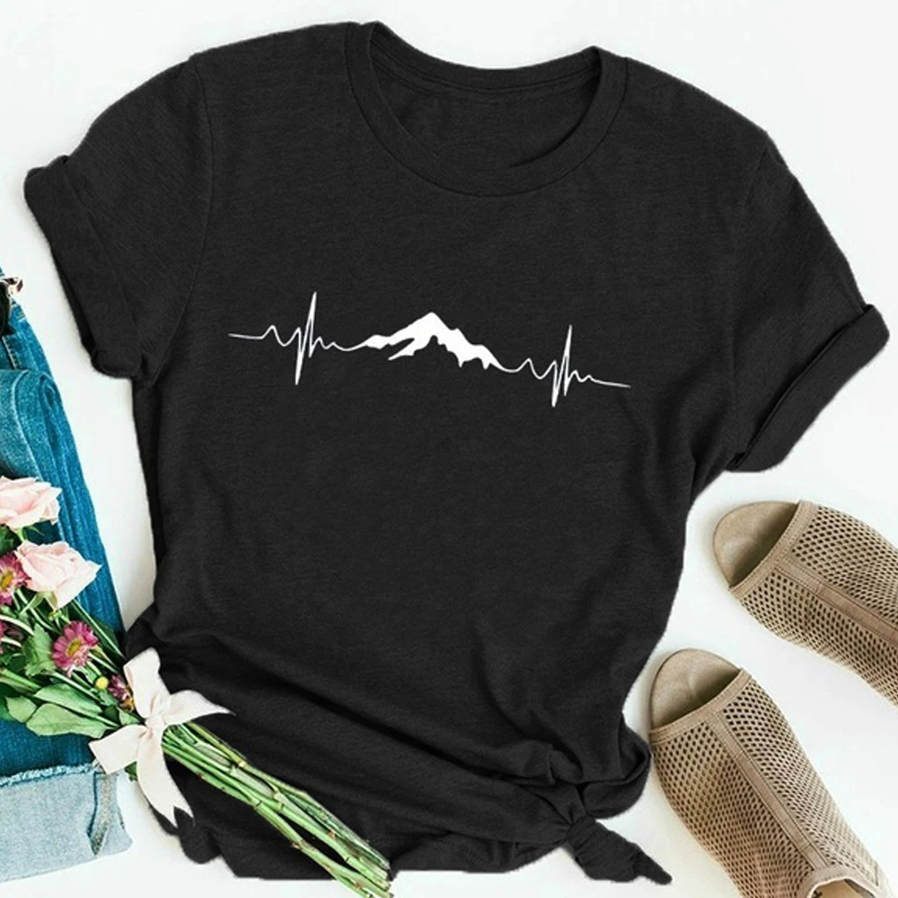 

Mountains Hiking Heartbeat Print Women Tshirt Cotton Casual Funny T Shirt for Lady Yong Girl Top Tee Hipster Cotton Graphic Tees