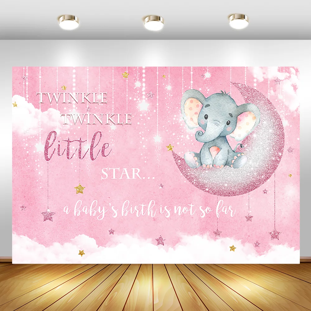 

Cute Elephant Baby Shower Backdrop Pink Rose Gold Moon Decorations Photography Background Twinkle Little Star Banner Backdrops