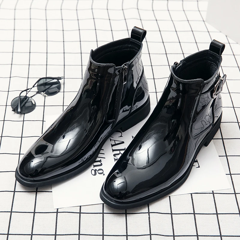 Leather Men Ankle Boots High Quality Brand Patent Leather Casual Shoes Fashion Black Solid Big Size Men Boots 37-45