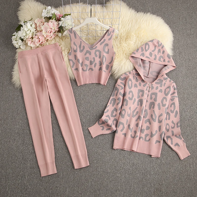 ALPHALMODA New Arrival Knitted Leopard Print Zipper Cardigans + Vest + Jogger Pants Women's Chic Autumn Winter 3pcs Suits