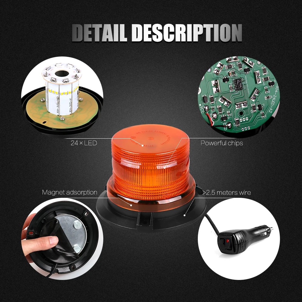 LED Rotaction Flashing Strobe Light Rotary Emergency Beacon Amber Warning Alarm Lamp DC12-24V Transport Truck Signal With R65 E9