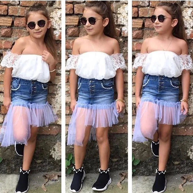 

Summer Girls Crop Top 2 Pieces Suits Set Children's Clothing Baby Off Shoulder T-shirts Denim Skirt