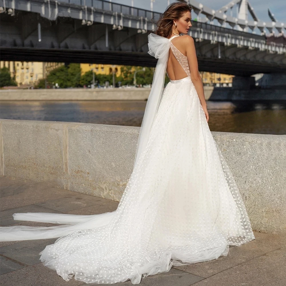 Elegant V คอจุด A-Line ชุดแต่งงาน2022เซ็กซี่ Backless Tulle ชุดเจ้าสาวยาวผ้าพันคอโบว์แขนกุด Robe De Mariée