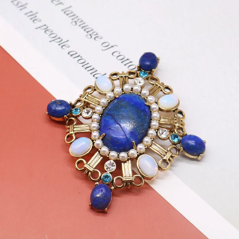 Copper Material Brooches Natural-Stones Blue Marble Lapis Lazuli Delicate Vintage Designs Jewelry