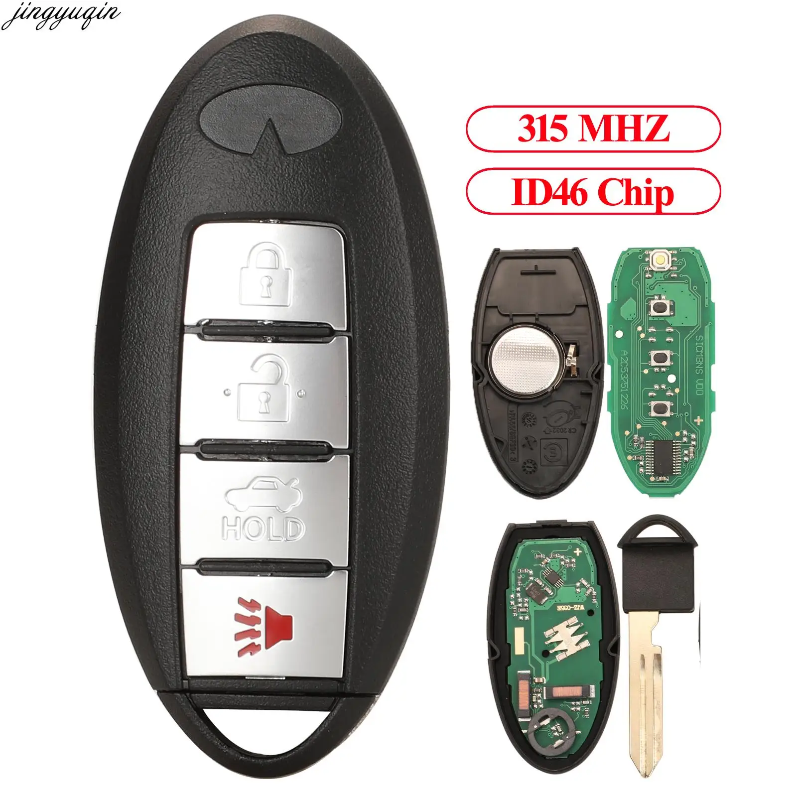 

Jingyuqin Remote Control Smart Car Key ID46 PCF7952 315MHZ For Infiniti FX35/50 G25/35/37 Q40/60 QX70 2014-2018 4 Buttons