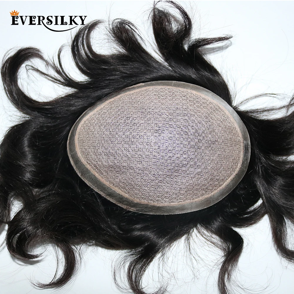 

Eversilky Silk Base With Poly Around Men Toupee Natural Scalp Looking Bleached Knots Natural hair Replacement Toupee Wigs