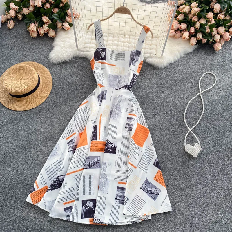 Square Collar Magazine Print Midi Dress For Women Slim Elegant Spaghetti Strap Prom Vintage Kawaii Dresses