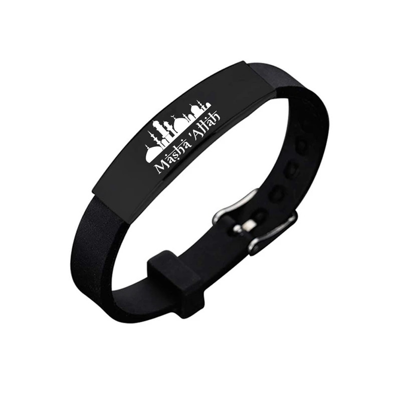 Muslim Allah Shahada Silikon Armband Armreif schwarz Edelstahl verstellbare Männer Armband Islam Schmuck Zubehör – Detail 6