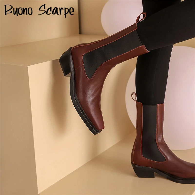 Genuine Leather Chelsea Boots Elastic Casual Chunky Ankle Boots Square Toe Leather Brand Designer Female Shoes Autumn Booties