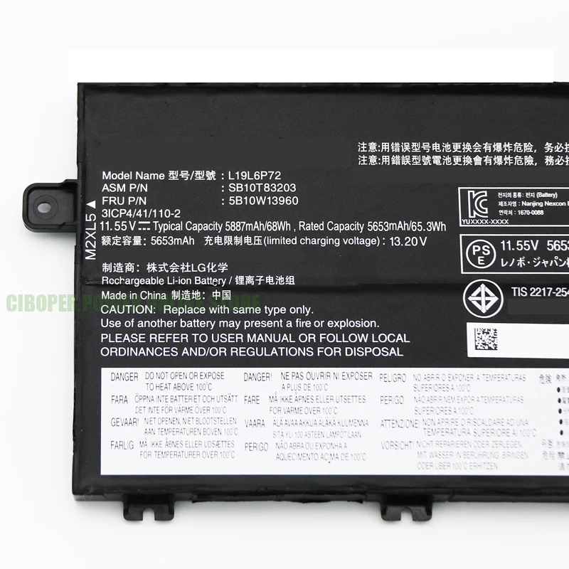 CP Laptop Battery L19L6P72 68Wh L19C6P72 For ThinkPad P15v 1st Gen 20TN 20TM 20TQ 20TR T15p 1st Gen Series 5B10W13960 5B10W13961