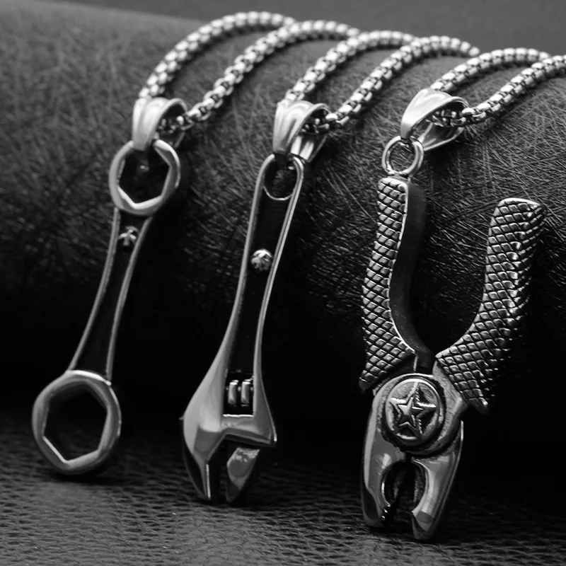 Hip Hop Men\'s Stainless Steel Wrench Spanner Pendants Necklace for Men Mechanic Tool Jewelry Link Chain Punk Gifts Collier