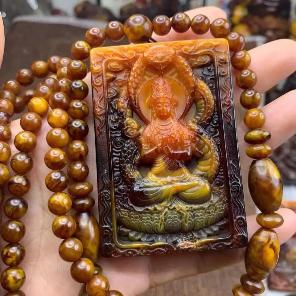 

Ambergris Grey Amber Zodiac Goat Monkey Big Sun Tathagata Pendant Eight Patron Saints Set With Bead Chain Amulet Jewelry