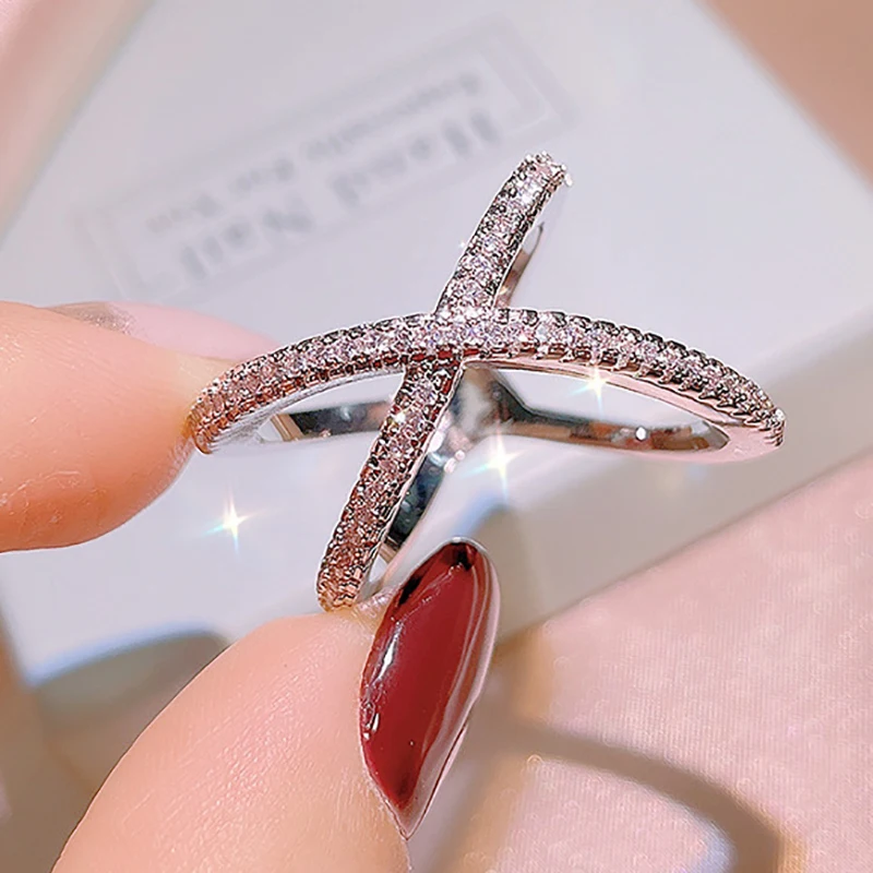 

2021 NEW Trendy X Shape Cross Rings For Women Wedding S925 Silver Color Micro Paved Crystal Engagement Party Gift Jewelry