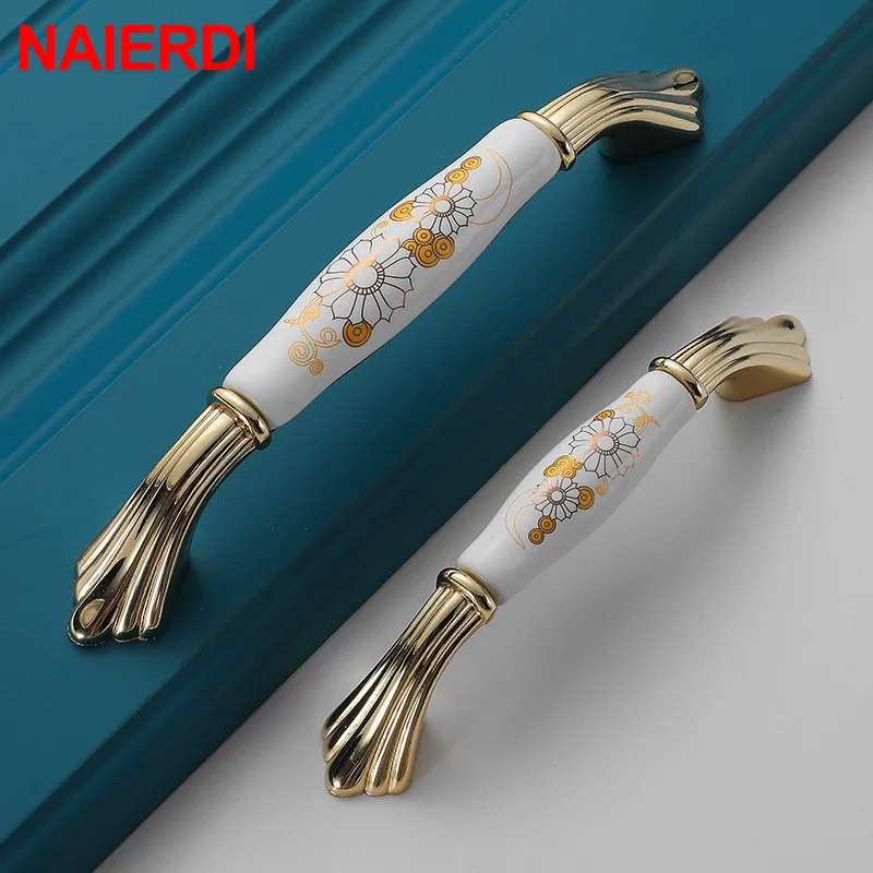 NAIERDI Chinese Creamic Gold and White Cabinet Handles Zinc Alloy Drawer Pulls Kitchen Door Knobs Furniture Handle Door Hardware