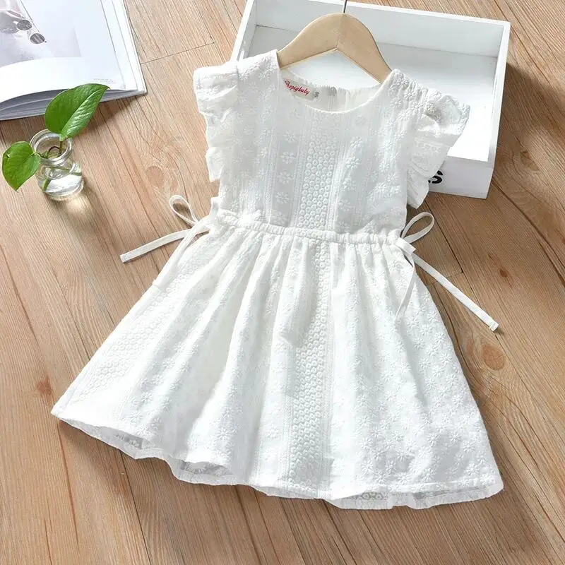 Children\'s White Dress Summer Dress For Girl Baby Embroidered Jacquard Princess Dress Fashion Girls Cotton Vest Dress 2 5 7 Y