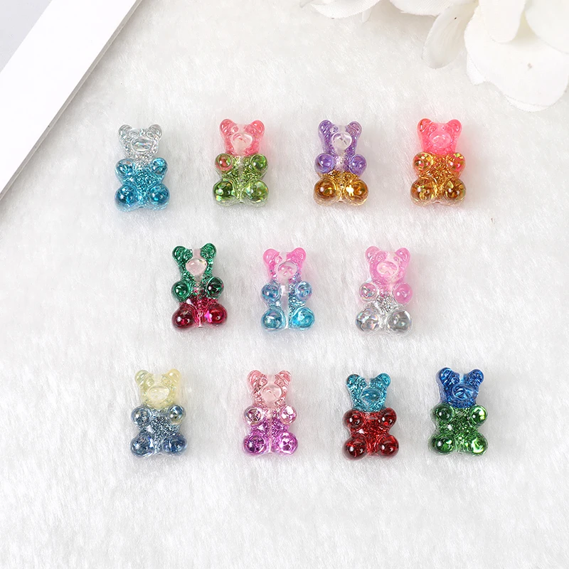 20Pcs 16*10mm  Gummy Bear Beads Charms Flatback Glitter Resin Crafts with Perforate Hole For Necklace Pendant Bracelets Diy