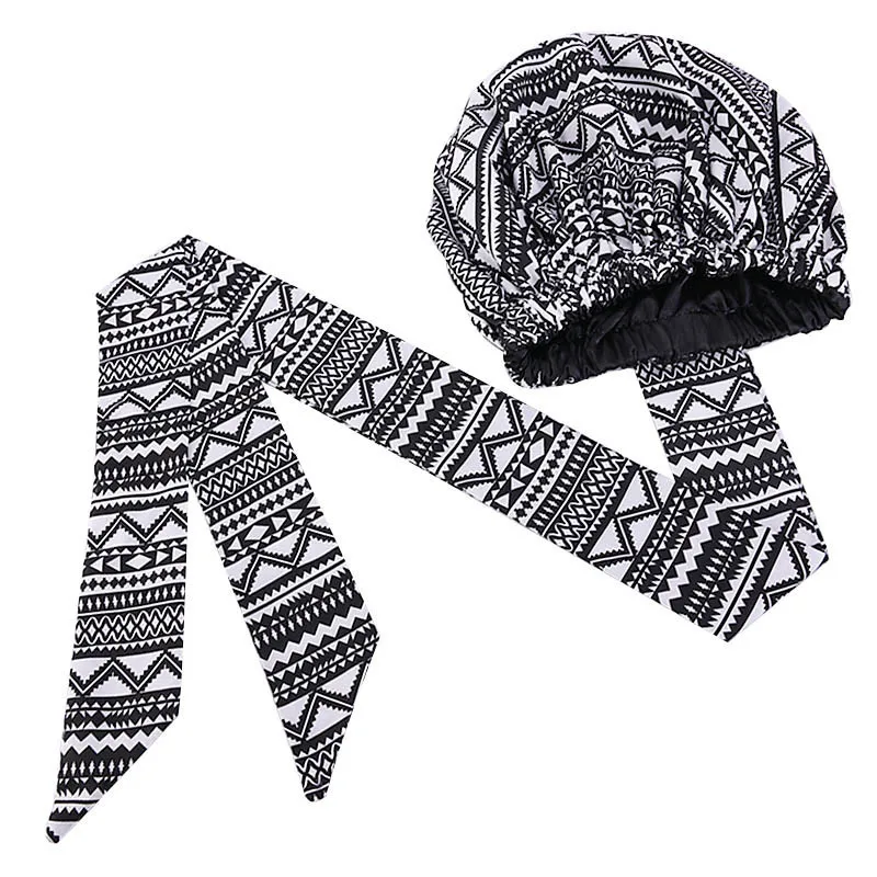 African Print Satin Bonnet with Long Ribbon Wrap Double Layer Headwrap Ankara Pattern Women Hair Cover Large Size Hair Wrap Cap