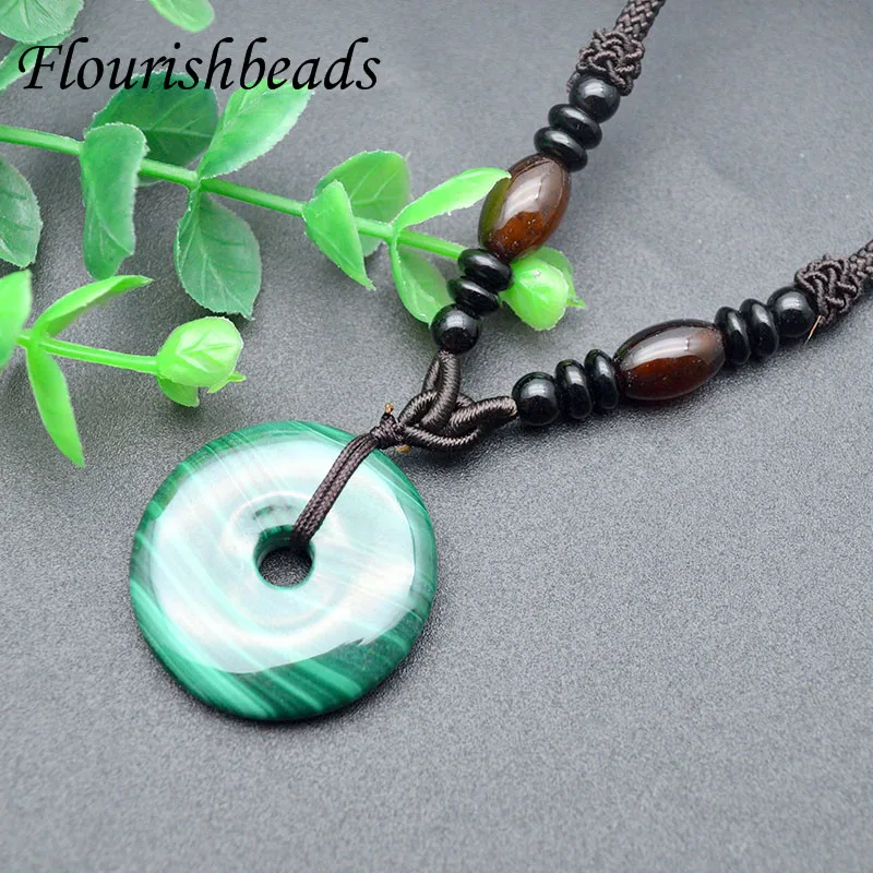 

High Quality Natural Malachite Round Dount Shape Pendant Necklace with Rope for Fine Jewlery 3pcs Per Lot