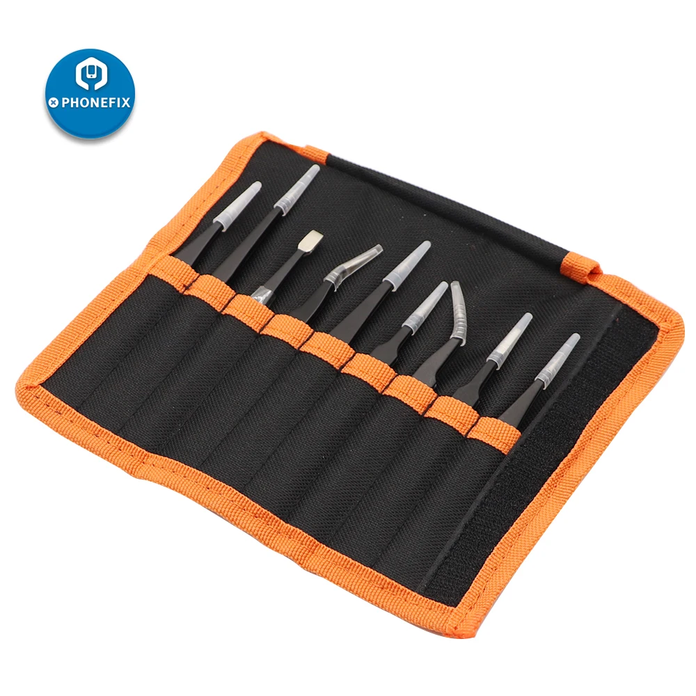 9PCS ESD Stainless Steel Tweezers with Carring Bag Anti-static Tweezers for Mobile Phone PCB BGA Maintenance Tools