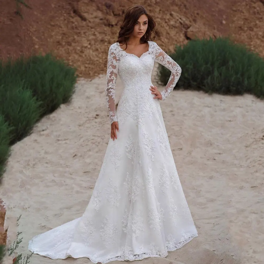 Vestios De Novia Lace Up A-line Wedding Gowns V-neck Appliques Long Sleeves Garden Elegant Bridal Dresses with See hrough Back