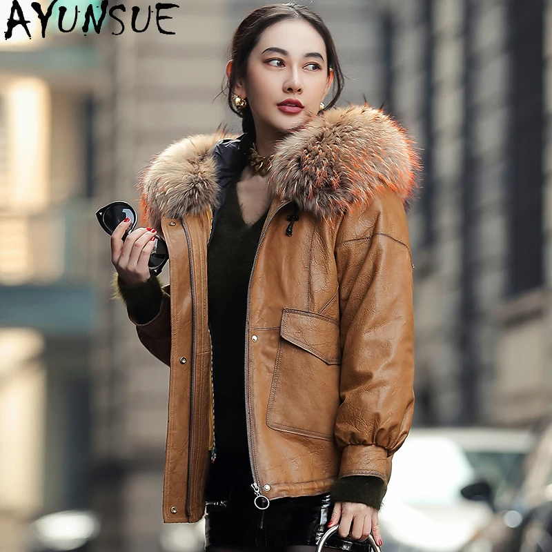 

AYUNSUE Real Leather Jacket Women Down Jackets Short Sheepskin Coat Female Winter Parkas Raccoon Dog Fur Collar Abrigo Mujer