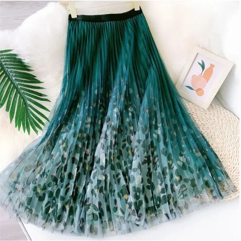 [Fleece/No Velvet] Literary Retro Mesh Skirt Mid-Length Gradient Contrast Color Leopard-Print Pleated Elastic Waist Fairy Skirt