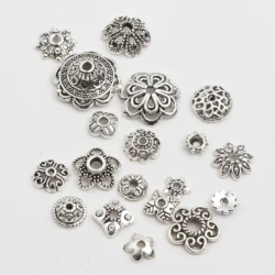 50pcs Antique Copper Sliver Bronze Gold Round Polygon Hollow Shape Metal Spacer Flower Bead Caps For Jewelry Chains Making DIY