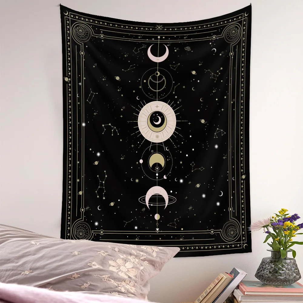 Psychedelic Moon Phase Tapestry Wall Hanging Boho Art Tapestries Bright Printing Pattern hand-made lace hanging room decoration