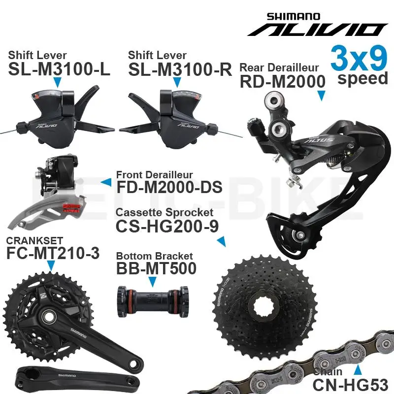 Grupa osprzętu SHIMANO ALIVIO M3100 3x9 z przerzutkami SL-M3100, tylnej przerzutki RD-M2000, łańcuchem HG200 CS, tarczą FC-MT0-3, oryginalna.