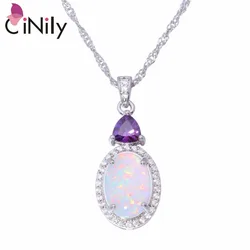 CiNily White Fire Opal Stone Necklace Silver Plated Chain Pink Purple Zircon Crystal Filled Pendant Charm Summer Jewelry Female