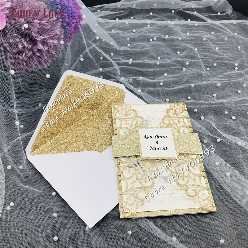 

50pcs New Glitter Lace Love heart wedding invitation set envelope belly band Four-fold pocket invites wedding decoration supply