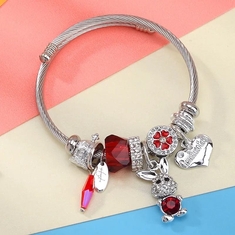 Kelinci Lucu Gelang untuk Wanita Kristal Hati Cinta Mahkota Pesona Stainless Steel Manset Gelang Femme Mewah Perhiasan Grosir 2019