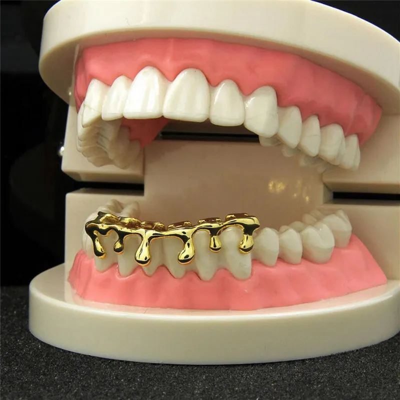 Fashion Men Women Hip Hop Metal Water Drop Braces Drip Grillz Halloween Dress Up Top Bottom Teeth Grillz Rapper Body Jewelry