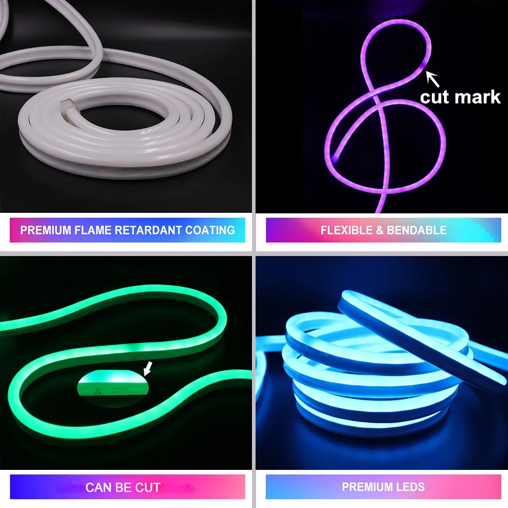 EU 220V RGB Neon Light Ribbon Tape Flexible LED Neon Sign Night Light Lamp 2835 5050 60 120LEDs/m LED Strip