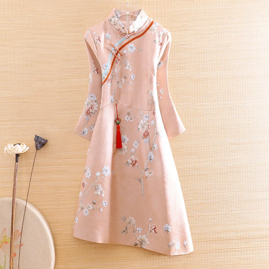 Le Nuove Donne di Autunno Del Vestito Reale Cheongsam Stile Etnico Retrò Elegante Jacquard Sottile Elegante Della Signora Partito Qipao Vestito S-XXL