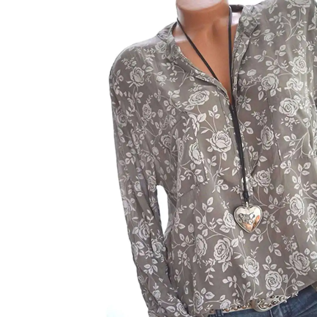 Women's Blouses Summer Tops New Leisure Blouse Grey Loose Flower Print V Neck Long Sleeve Shirts Elegant 5XL Plus Large Size