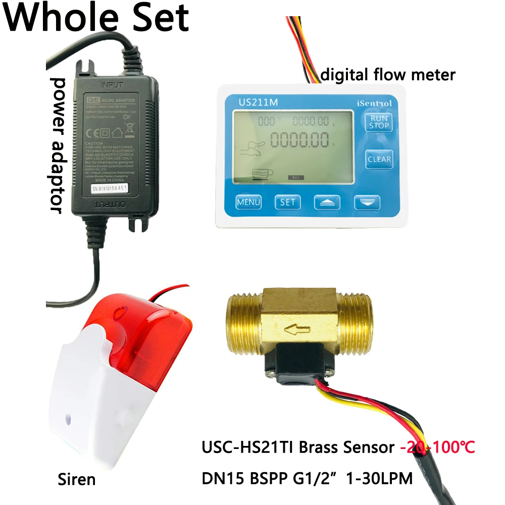 

HOT WATER US211MA Pipe Water Suspend Alarming System Brass 100C Flow Sensor Turbine flowmeter G1/2" BSPP iSentrol